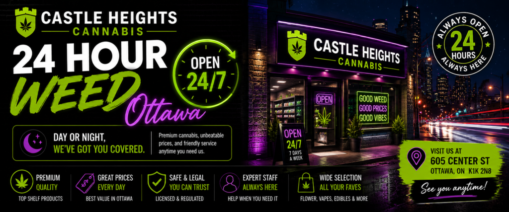 Castle Heights Cannabis 24 hour weed in Ottawa – premium strains, fast service, and reliable late-night cannabis products.
